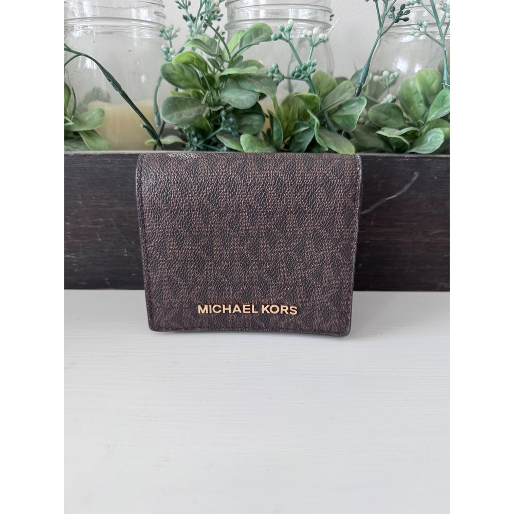 Michael Kors Bifold Wallet Brown Signature Logo Gold Hardware ID Window Pocket